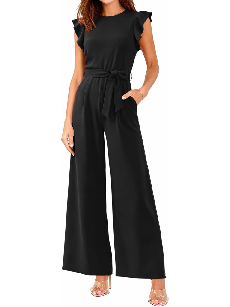 Jumpsuits For Women 2026 Crew Neck Dressy Cap Sleeve Belted High Waist Wide Leg